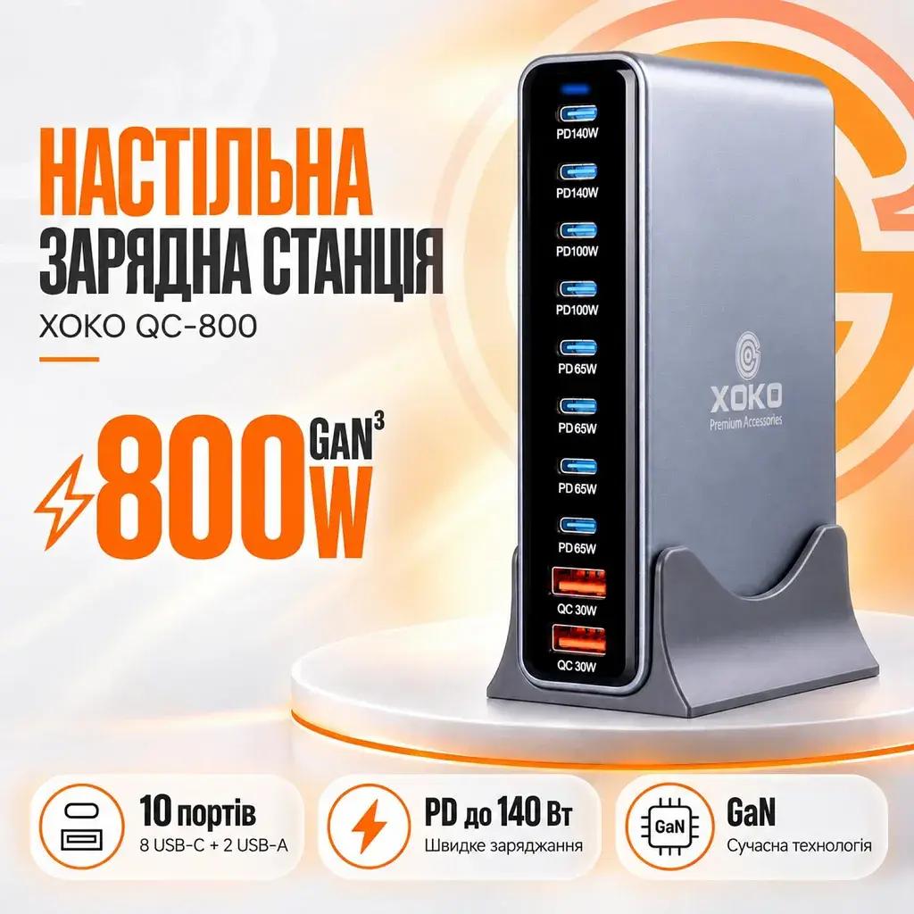 Зарядний пристрій XoKo 8xUSB-C PD 65 - 140W + 2xUSB QC30W GaN3 800W (XK-QC-800) - фото 9
