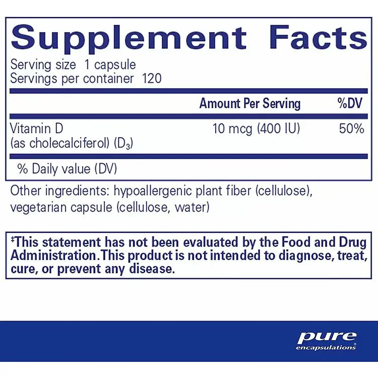 Витамин D3 Pure Encapsulations 400 МЕ 120 капсул - фото 2