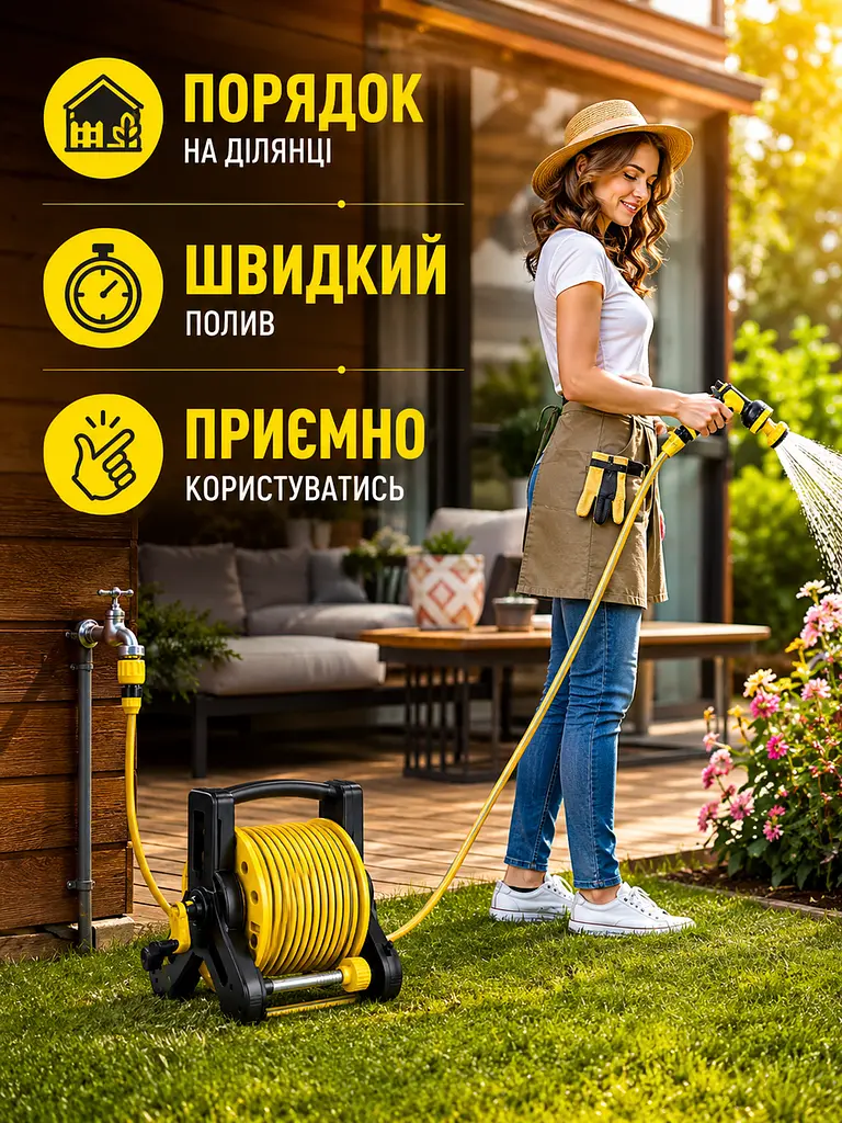 Гнучкий садовий шланг 30 м на котушці з пістолетом-розпилювачем жовтий (49675881), 30 м - фото 6
