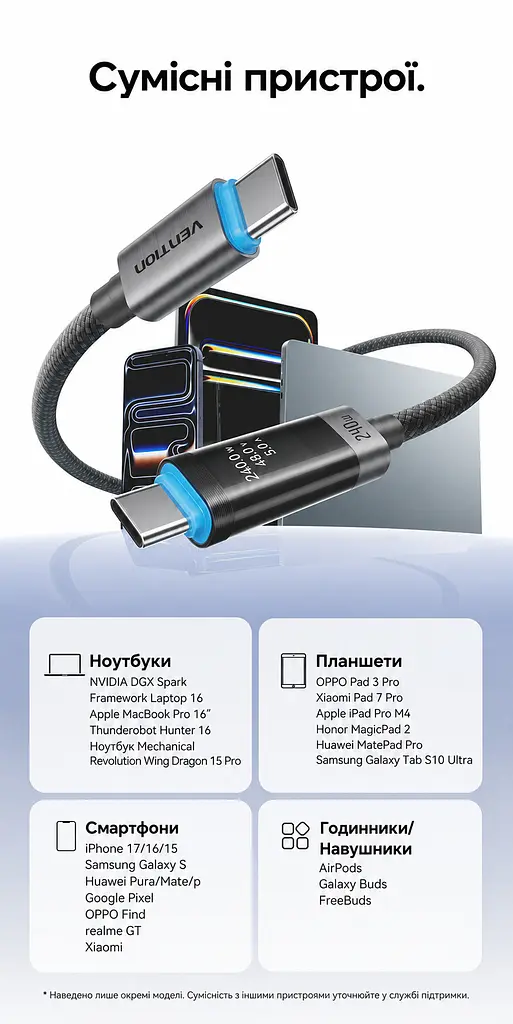 Кабель Vention TSIBF USB-C - USB-C PD 240 Вт з OLED-дисплеєм 1 м чорний (TSIBF) - фото 13