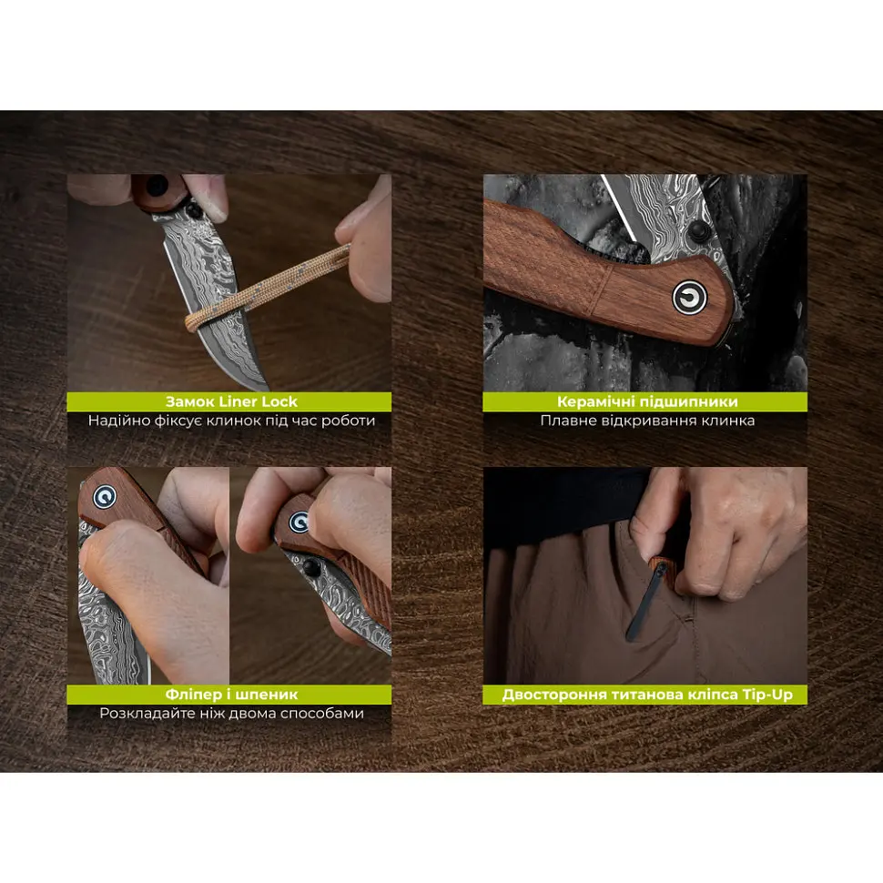 Ніж складаний кишеньковий Civivi Clingman (7.6 см) Damascus / Guibourtia Wood дерево - фото 14