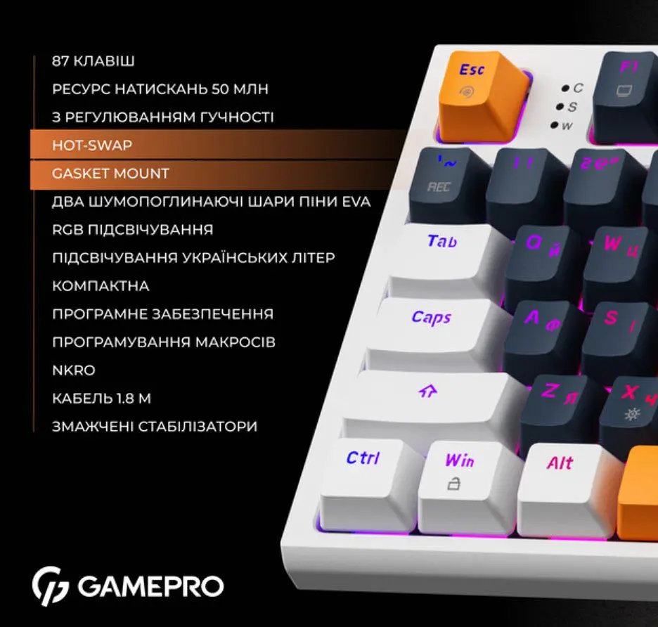 Механічна ігрова клавіатура GamePro GPMK-18 Red Switch Hot-Swap TKL RGB White - фото 9