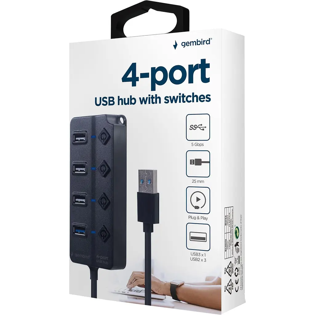 USB-Хаб Gembird 4 порти UHB-U3P1U2P3P-01, пластик, чорний (UHB-U3P1U2P3P-01) - фото 5