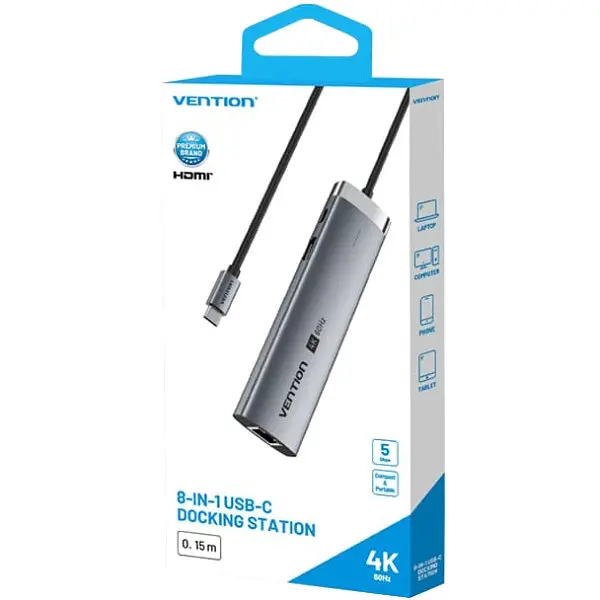 Док-станція USB3.2 Type-C --> HDMI/USB3.0/USB2.0/RJ45/SD/TF/PD 100W Hub 8-in-1 Vention - фото 3