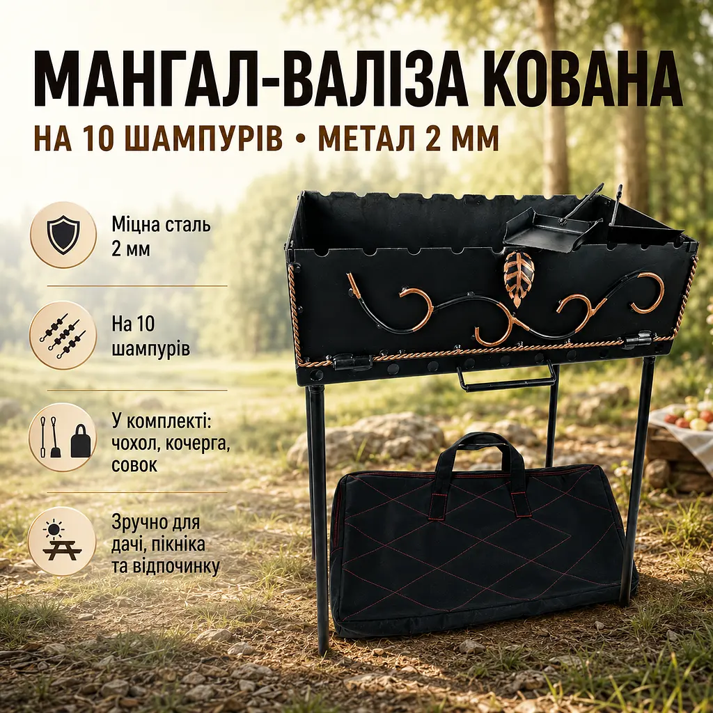 Туристичний мангал-валіза з кованими елементами в комплекті з чохлом, кочергою та совком 10 шампурів, 2 мм. - фото 2