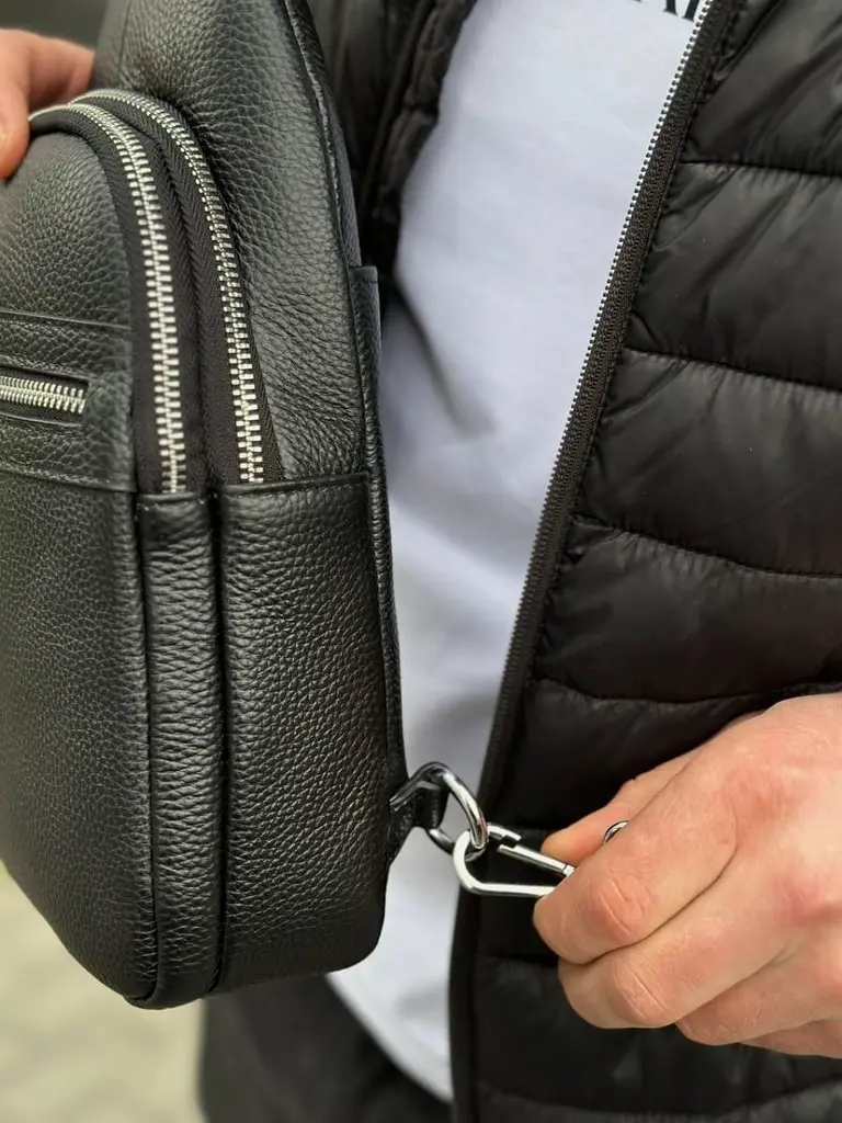 Чоловіча сумка-бананка через плече 18х32х7 з натуральної шкіри TIDING BAG 3280 чорна 18 см - фото 4