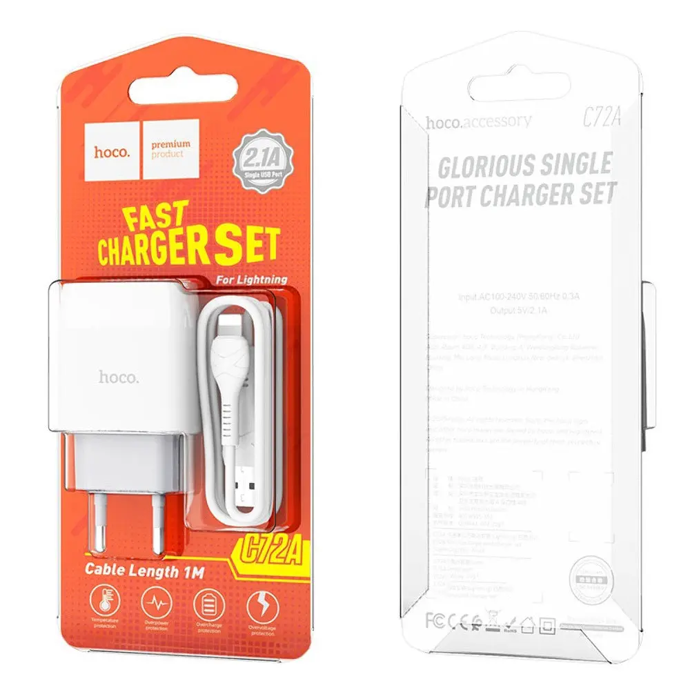 Зарядний пристрій Hoco C72A USB білий + кабель USB to Lightning - фото 3