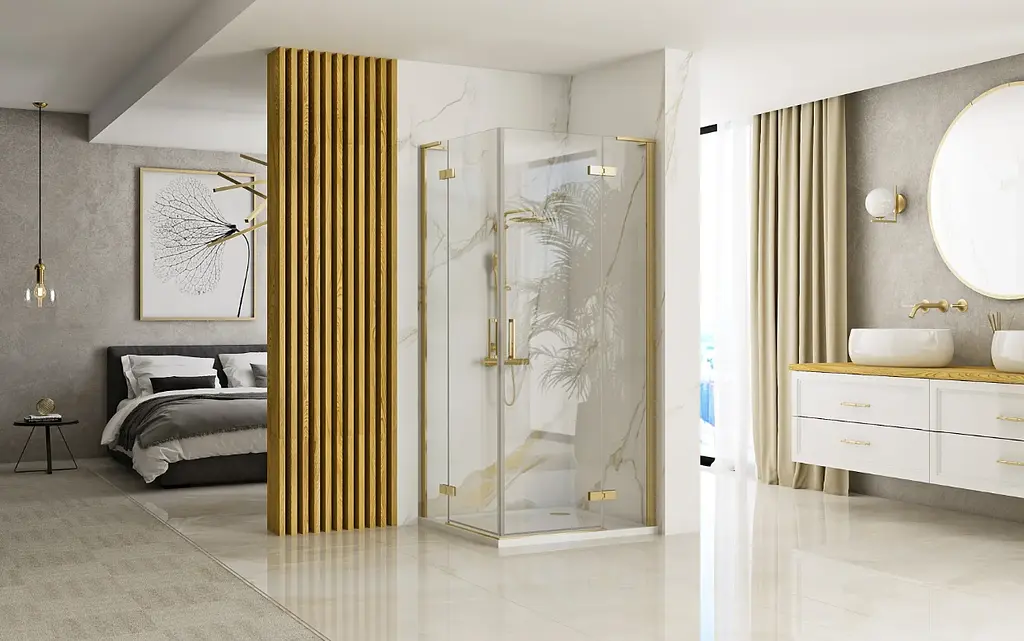 Душова кабіна Rea Hugo 90x90 brushed gold подвійна REA-K6609, Золотий, Універсальна, прозорий, золотий - фото 2