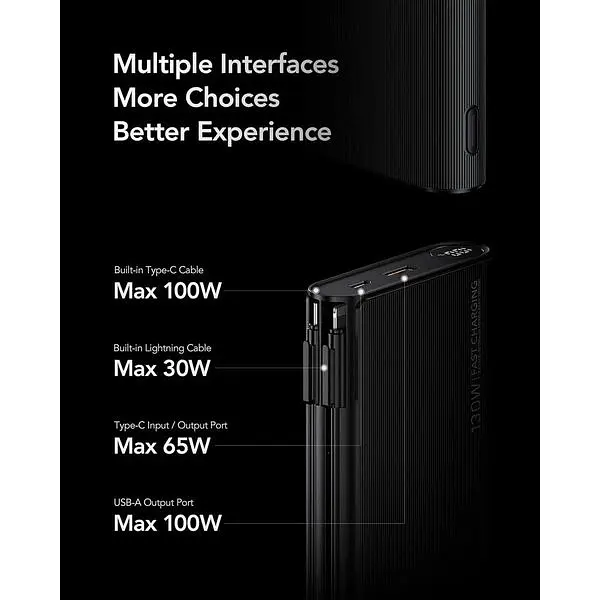 Портативное зарядное устройство Veger 100 Вт с кабелем макс. 130 Вт 25000 мАч ноутбук быстрая зарядка USB C - фото 4