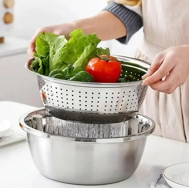 Кухонний набір Metal Basket Cutter багатофункціональний, з неіржавкої сталі миска, друшляк і тертка 3 в 1 - фото 5