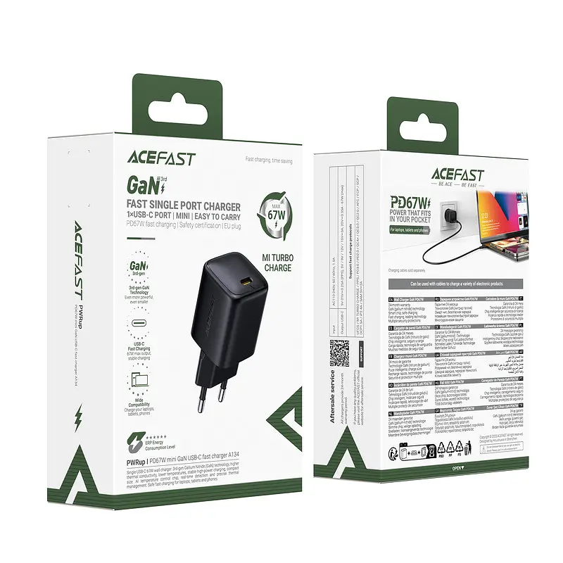 Сітчасте зарядне пристрій ACEFAST A134 PD67W mini GaN USB-C fast charger Чорний - фото 2