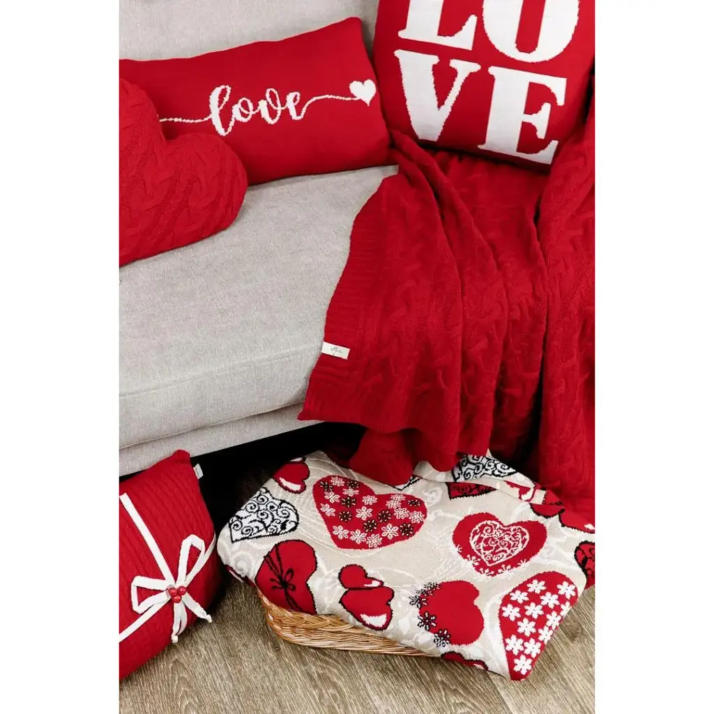 Плед Прованс Серця Love в'язаний 90х130 см бежевий/білий/червоний - фото 2