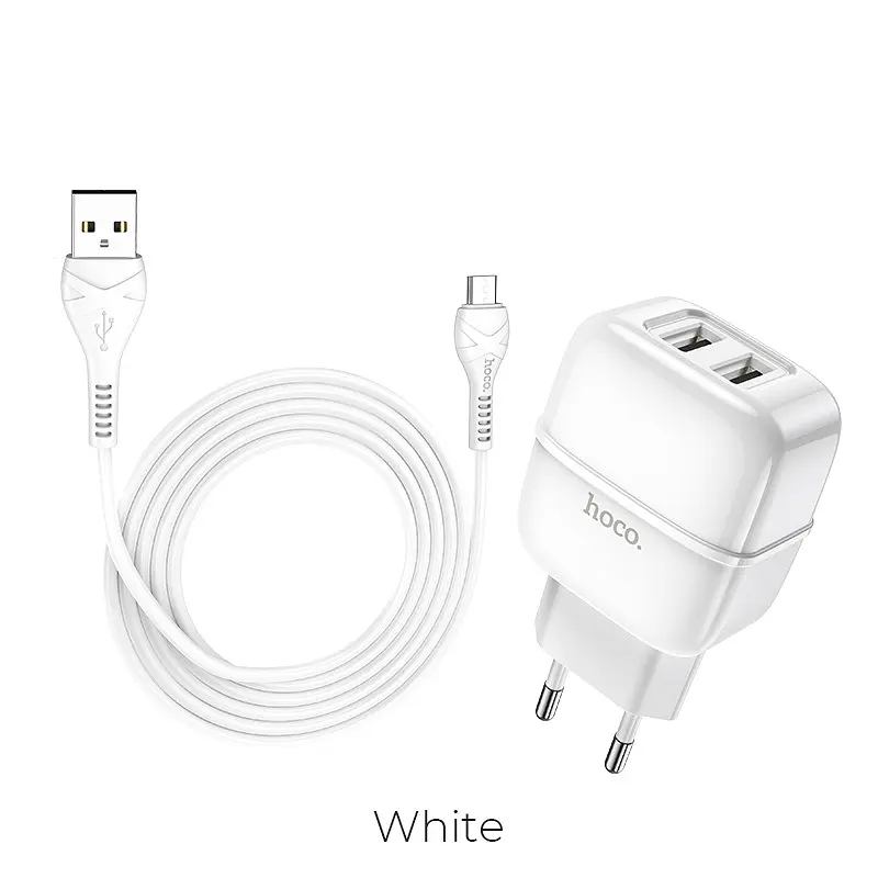 Адаптер живлення - блок мережевий із кабелем Micro USB - набір HOCO C77A Highway 2USB білий