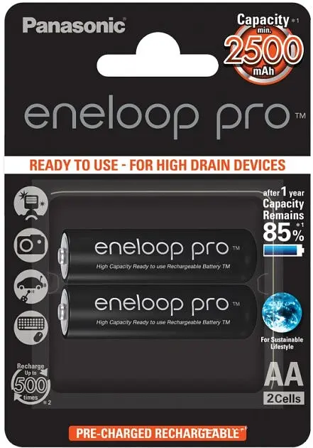 Акумулятор АА Panasonic Eneloop Ni-Mh R6 2500mAh 2bl (BK-3HCDE/2BE) (Чорний) - фото 2