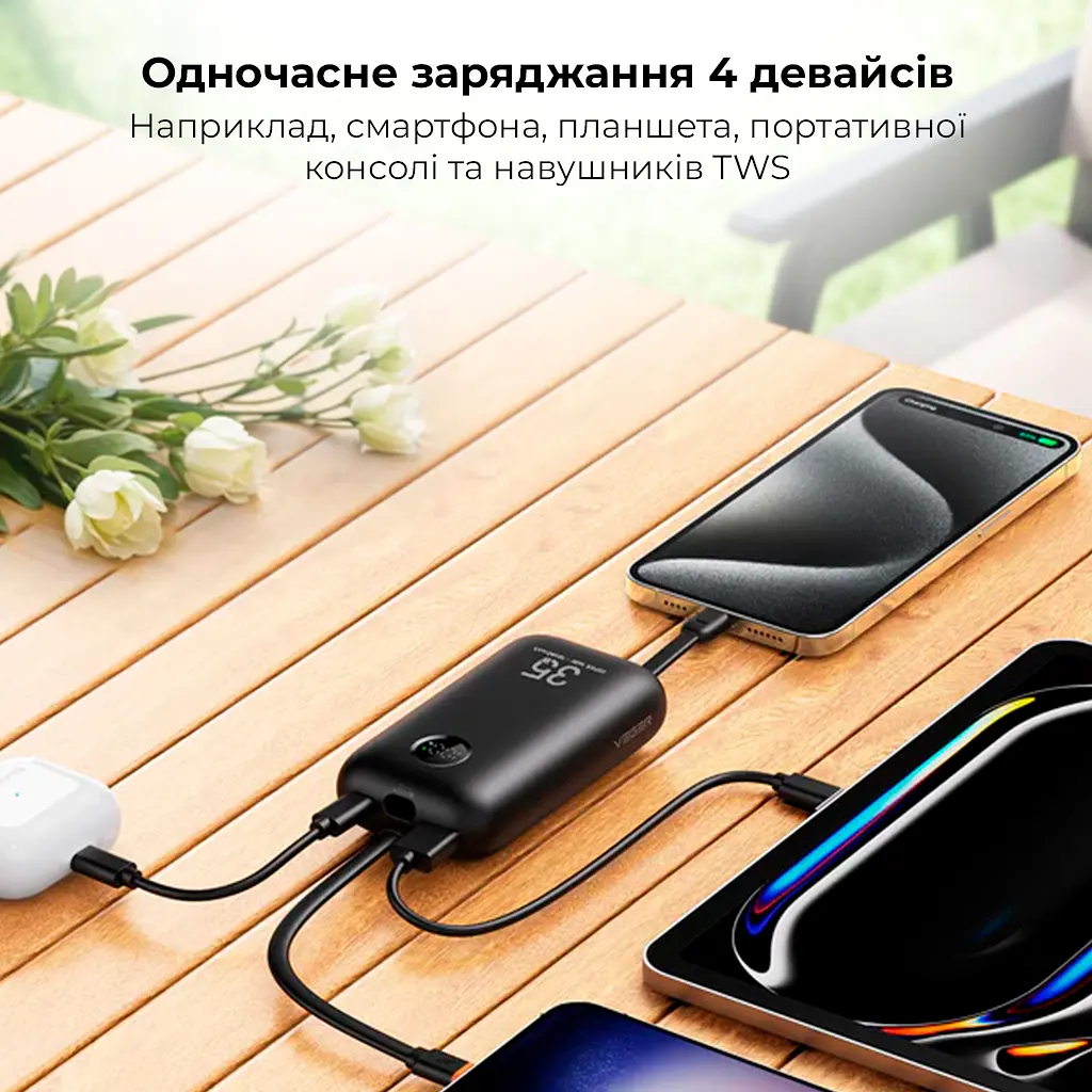 Зовнішній акумулятор VEGER 10000 mAh with built-in cables Type C / Lightning PD QC3.0 35W K1 (W1188) black (VG-W1188) - фото 7