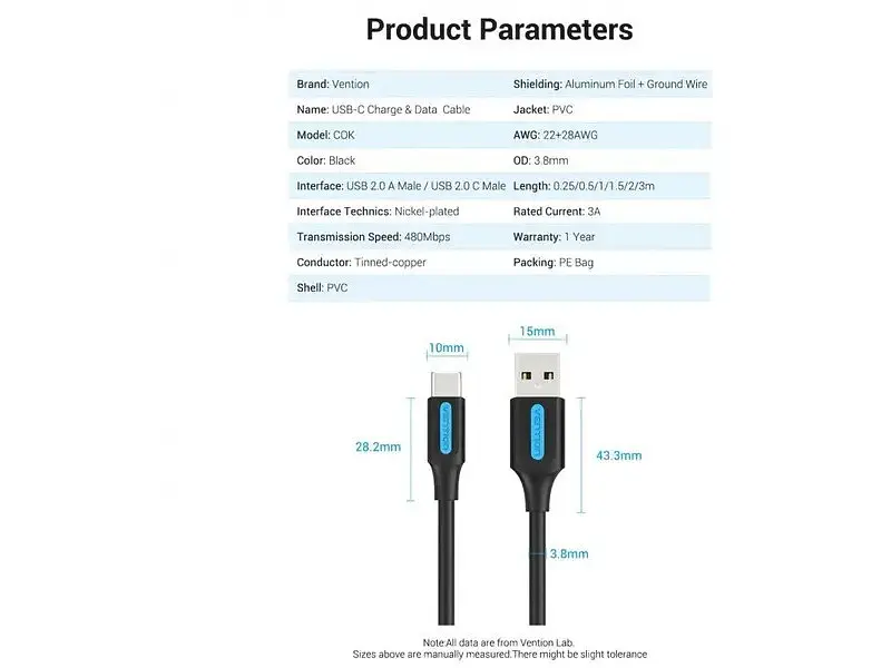 Кабель Vention USB to USB Type-C 1.5m Black (COKBG) - фото 3