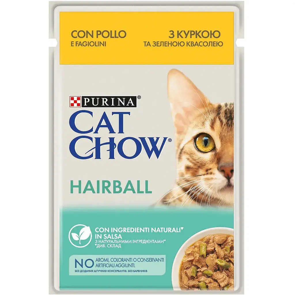 Вологий корм Purina Cat Chow Hairball для виведення шерсті для кішок із куркою та зеленою квасолею 85 г