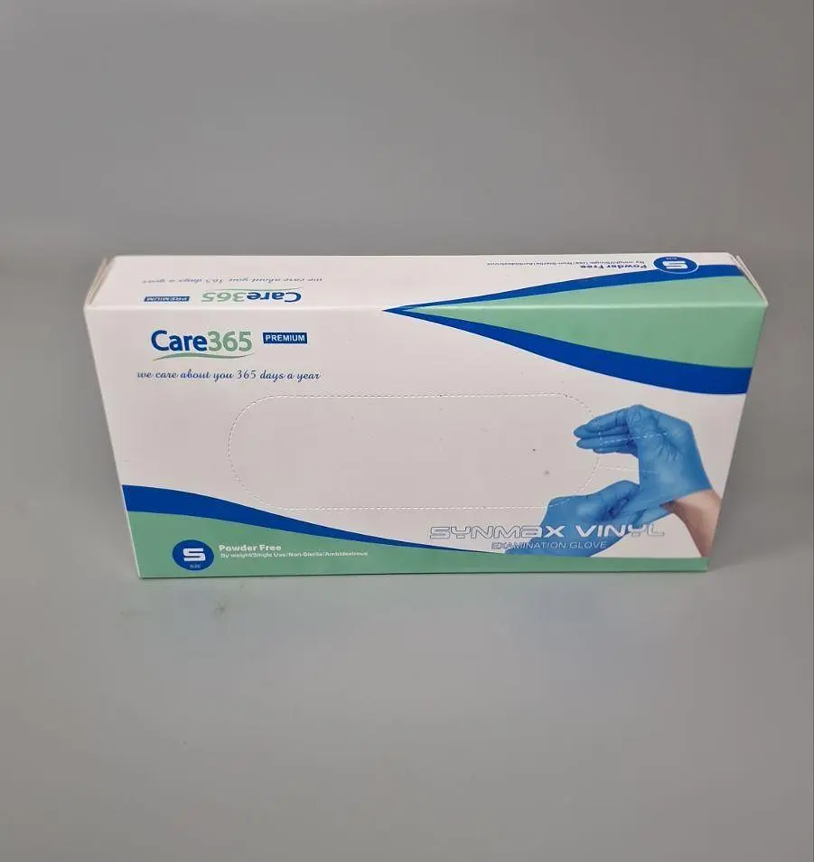 Рукавички одноразові вінілові блакитні CARE 365, розмір S, 100 шт, неопудрені, для огляду, клінінгу та сервісу