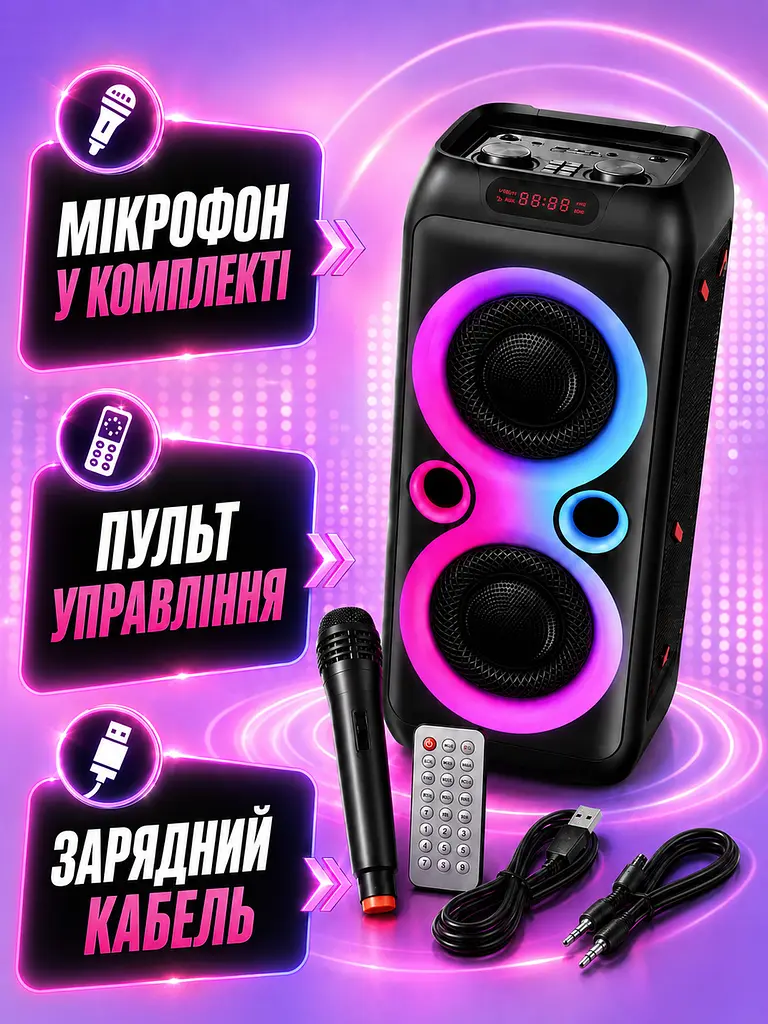 Bluetooth колонка з мікрофоном 2 динаміки 8.5" LED-підсвітка чорна (49675979) - фото 2