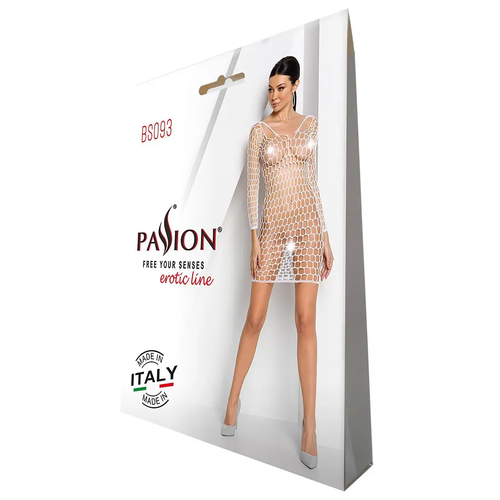 Бодістокінг-сукня з глибоким коміром Passion BS093 white, довгі рукави - фото 4