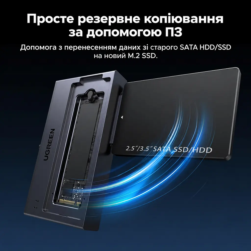 Адаптер HDD/SSD UGREEN D320 USB-C SATA 7+15 pin та M.2 M-Key одночасна робота M.2 NVMe і SATA до 10 Гбіт/с SATA HDD/SSD 2,5″/3,5″ M.2 NVMe M-Key/B+M-Key 2230/2240/2260/2280 для 3,5″ HDD потрібен комплектний блок 12 В/2 А Windows macOS Linux ChromeOS Plug-and-Play вимикач індикатор UASP S.M.A.R.T. TRIM перенесення SATA → M.2 за допомогою ПЗ магнітна кришка монтаж без інструментів вбудований кабель USB-C з перехідником USB-A 0,5 м сірий (75621EU) - фото 5