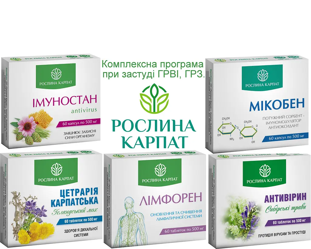 Комплексна програма при застуді, ГРЗ, ГРВІ, Антивірин, Імуностан, Цетрарія Карпатська, Мікобен, Лімфорен,"Рослина Карпат" - фото 2