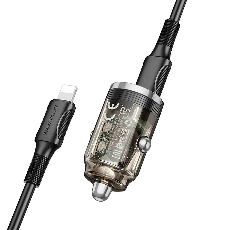 АЗП Borofone BZ29A Talented PD36W+QC3.0 (1C1A) + Type-C to Lightning Transparent black - фото 3