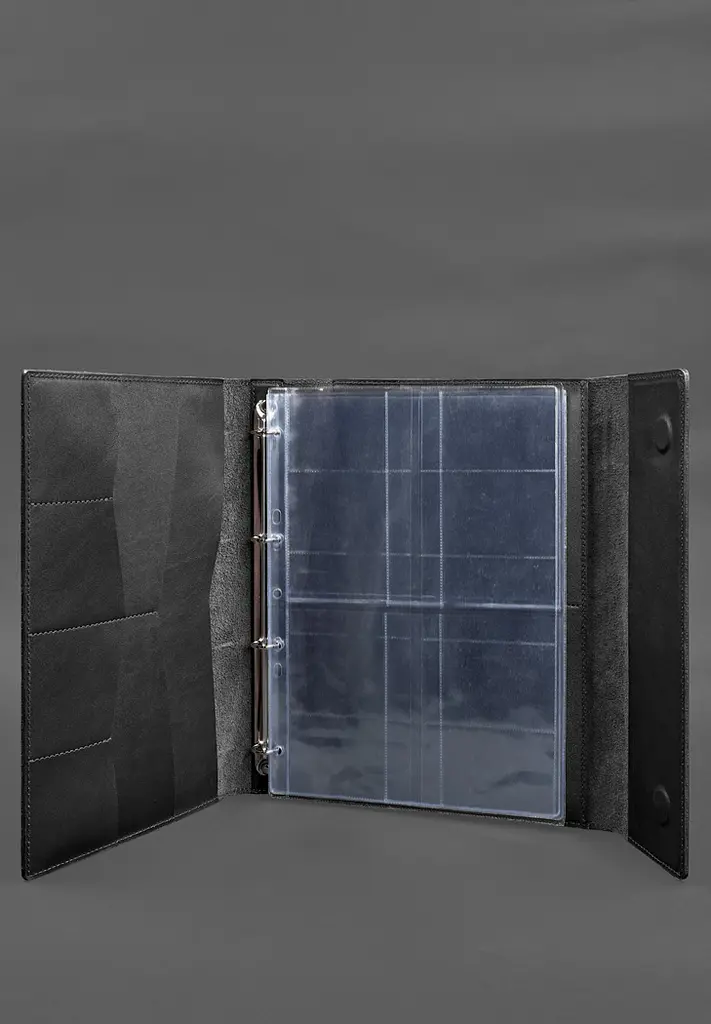 Кожаная папка для документов "Семейная" А4 на сегрегаторе с файлами черная - фото 3