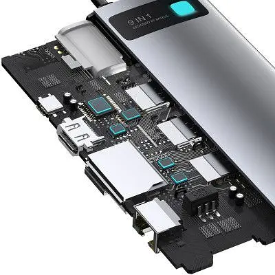 Концентратор Baseus USB3.1 Type-C to USB C(PD)100W/HDMI 4K 30Hz/VGA/USB3.2/RJ45/SD+TF 9in1 Grey (CAHUB-CU0G) - фото 6