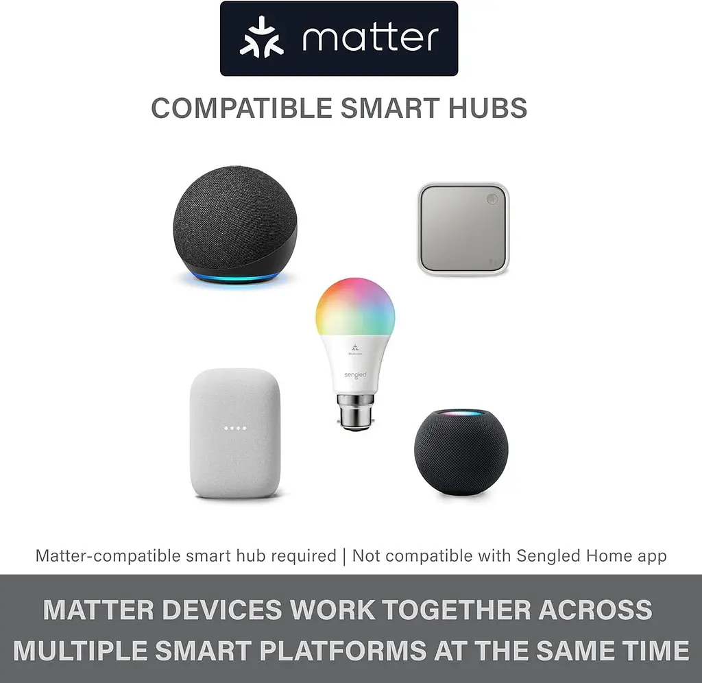 Светодиодная интеллектуальная лампочка Sengled (B22), с поддержкой Matter, многоцветная, работает с Alexa, эквивалент 60 Вт, 800 лм, м - фото 5