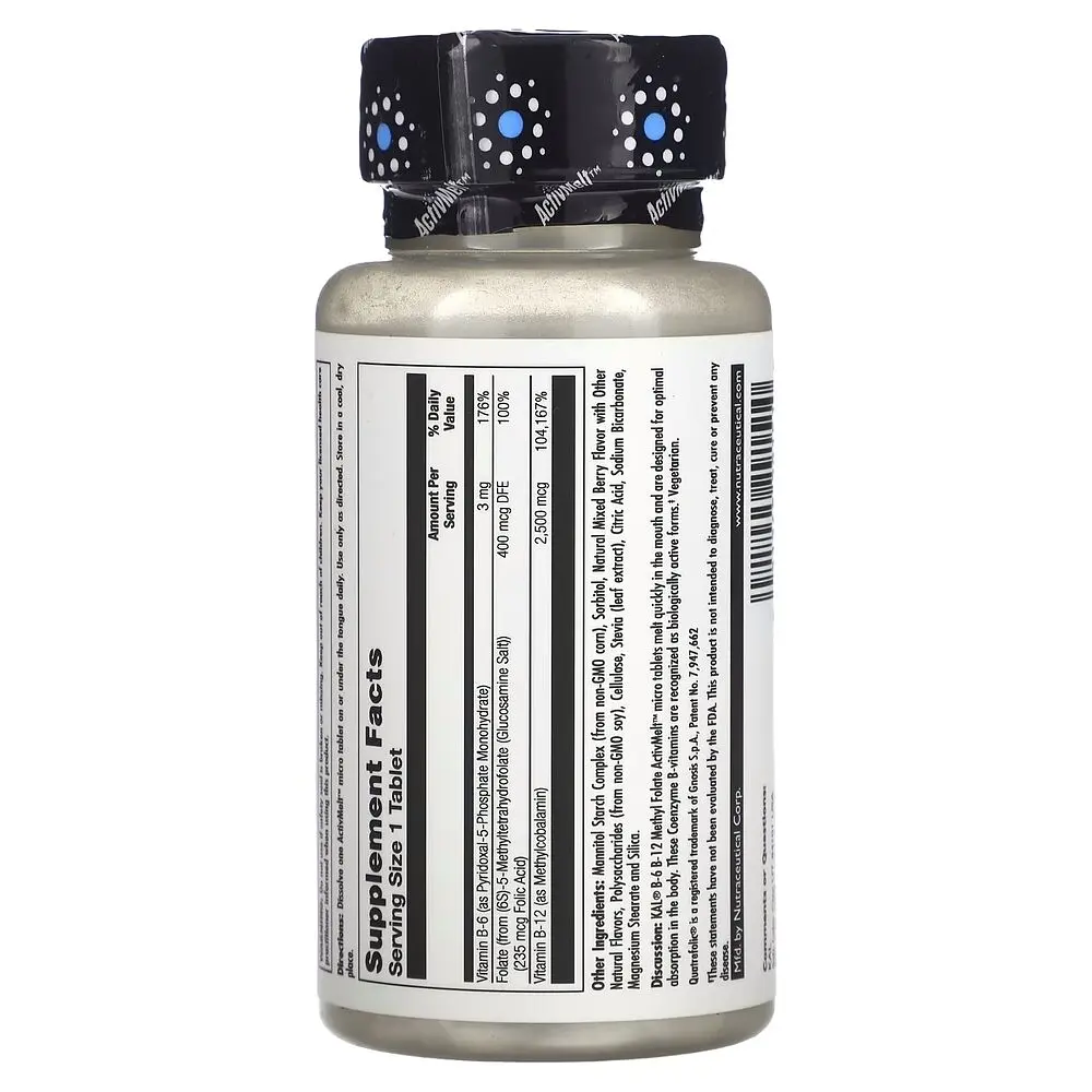 Вітаміни B6, B12 KAL B-6 B-12 Methyl Folate, 60 мікро таблеток для підтримки серцево-судинної системи - фото 2