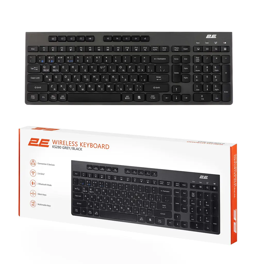 Клавіатура мембранна бездротова 2E KS-280 Black-Grey, 120key, WL/BT, EN/UK, silent - фото 9