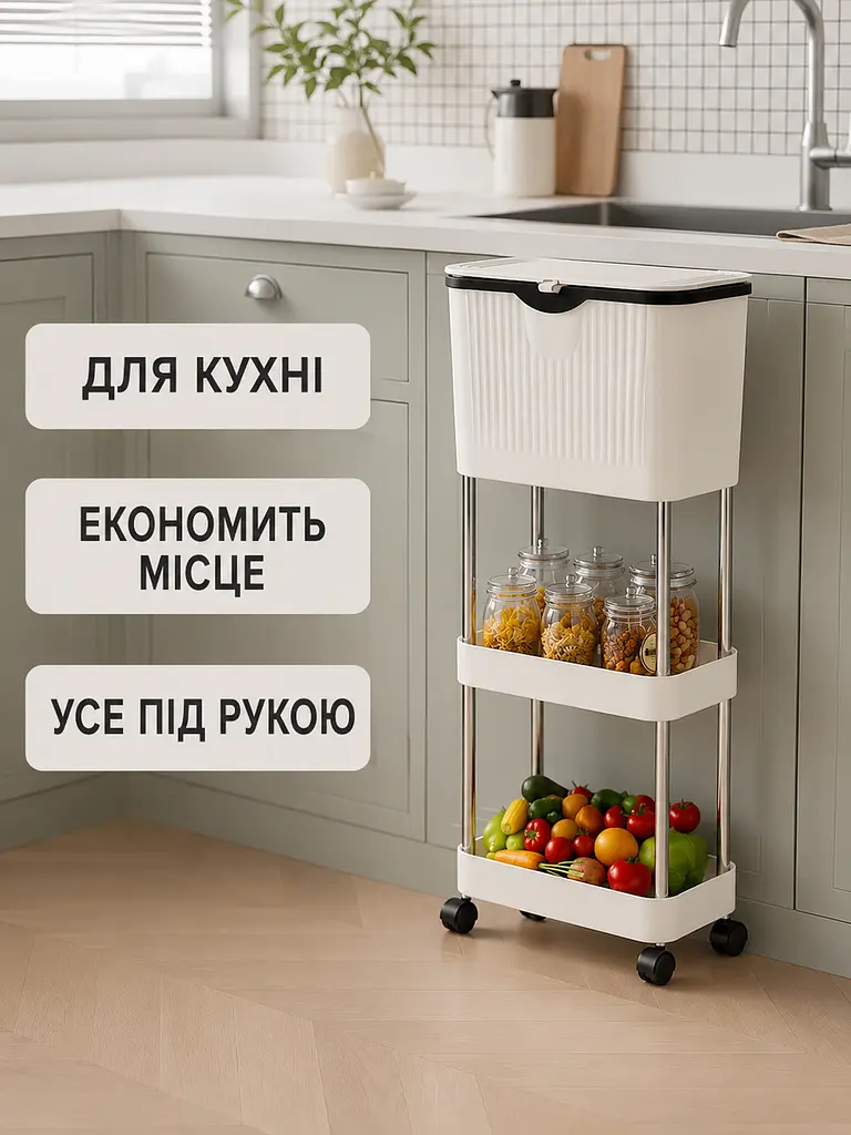 Кухонний візок з урною для сміття білий 78,5×29×20 см на колесах (49676048) - фото 3