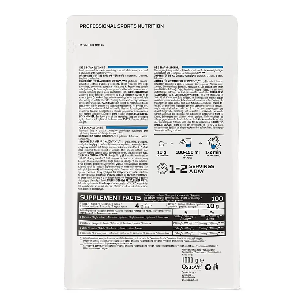 Амінокислота BCAA OstroVit BCAA + Glutamine Грейпфрут 1 кг - фото 2