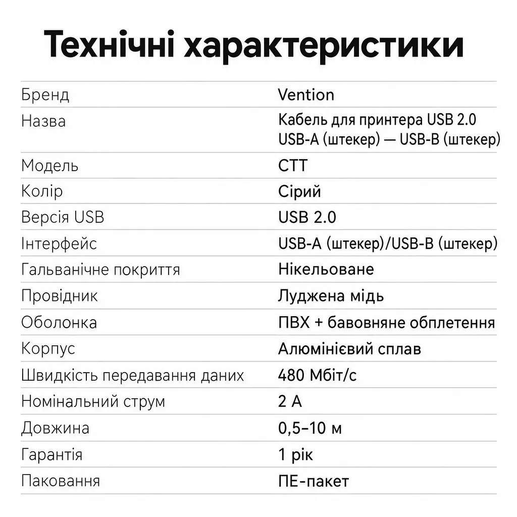Кабель для принтера Vention CTTHL USB 2.0 USB-A - USB-B 10 м сірий (CTTHL) - фото 5