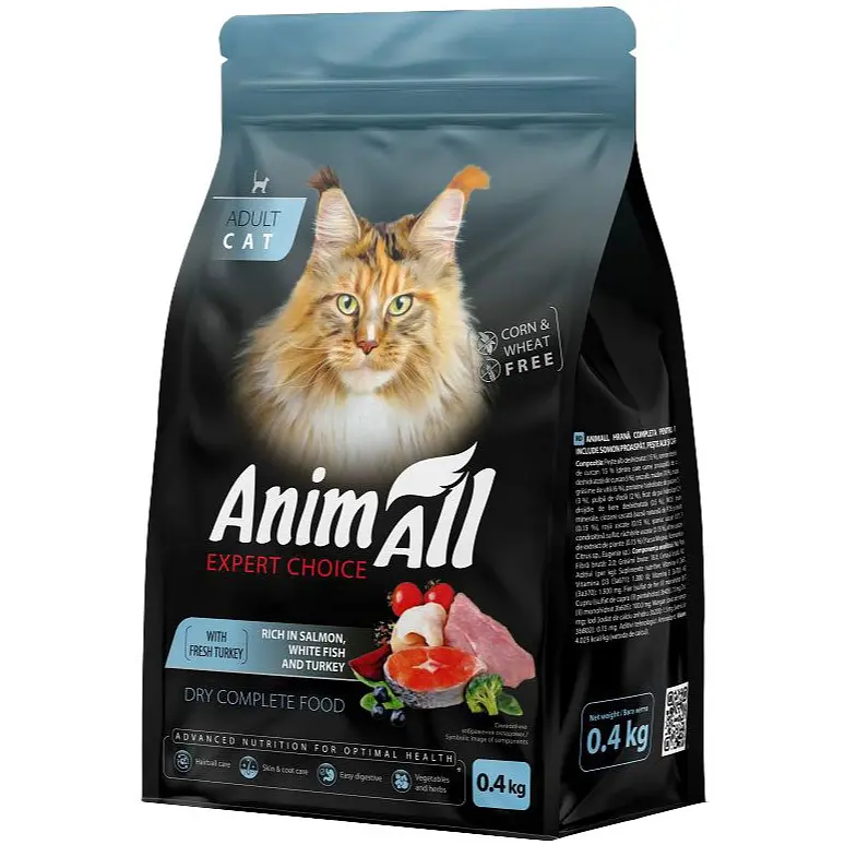 Сухий корм для дорослих котів AnimAll з лососем, білою рибою та свіжою індичкою 400 г