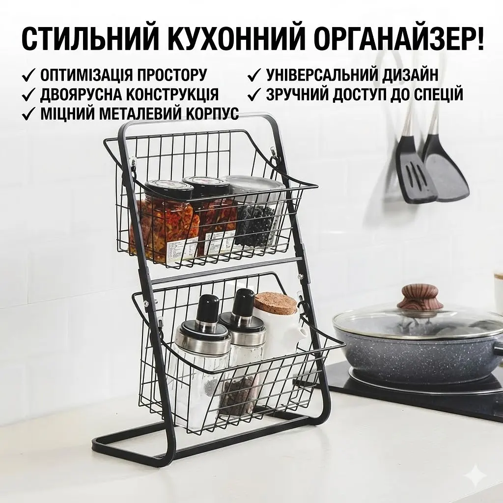 Кухонний металевий органайзер Storage Rack, двоярусна полиця 39х28х18 см, чорний - фото 2