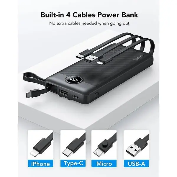 Портативное зарядное устройство Vrurc 10000 mAh со встроенными кабелями USB C - фото 6