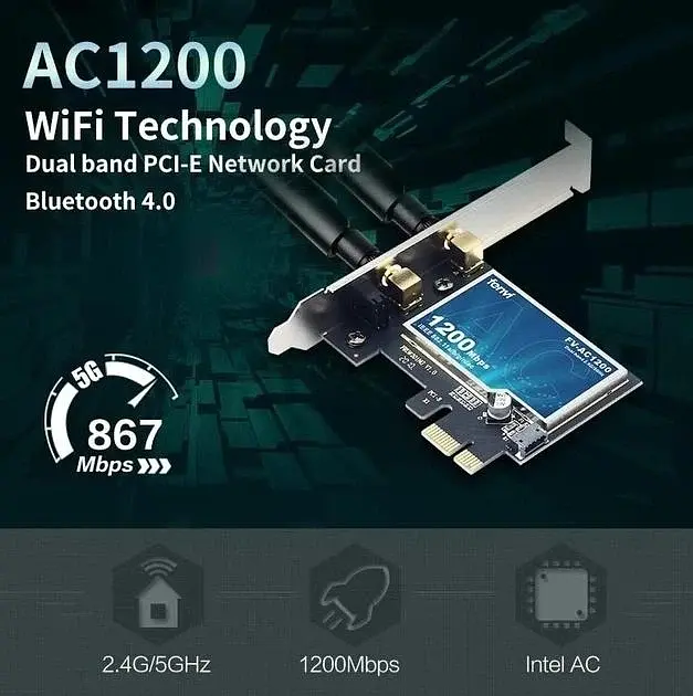 Сетевая карта Fenvi FV-AC1200 Bluetooth + Wi-Fi 2.4 / 5 GHz PCI-E до 1200 Mbps с антеннами (18841) - фото 6