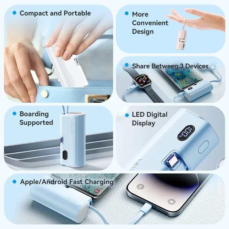 Універсальна мобільна батарея Vention 4800mAh 22,5W PD, USB-C In/Out, LED display, with built-in USB-C cable Білий - фото 5
