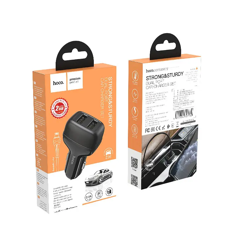 Комплект автомобільний HOCO Lightning Cable Leader Z36 2USB набір із кабелем чорний - фото 5