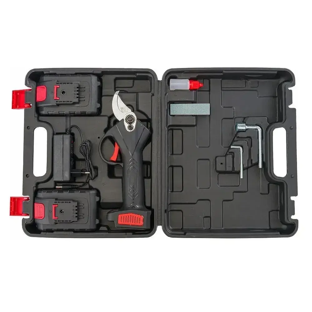 Секатор аккумуляторный в кейсе садовый для обрезки веток деревьев кустарников 2 аккумулятора 48 Вт Черный - фото 10