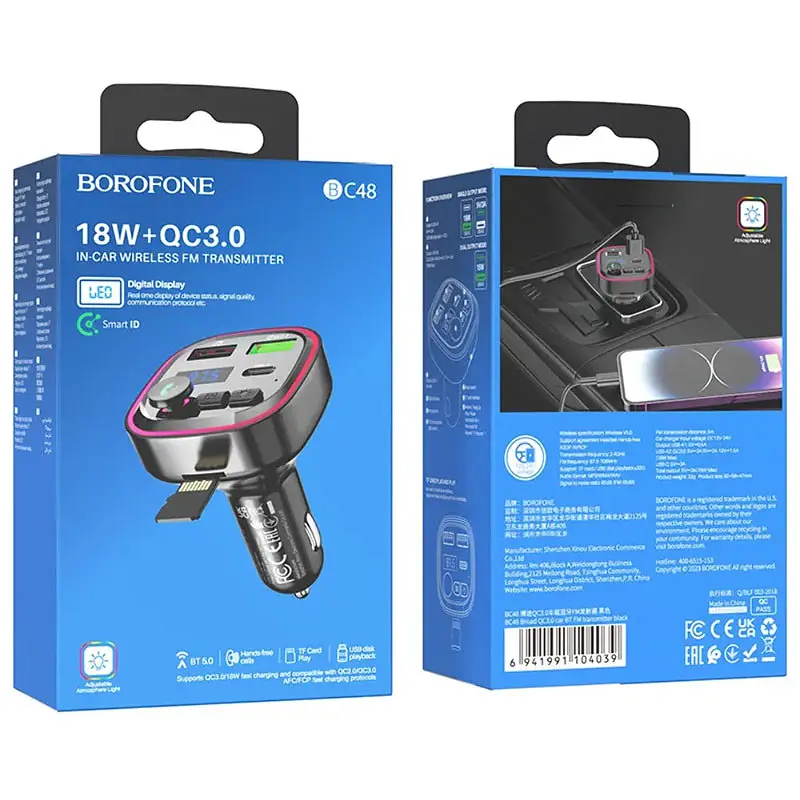 АЗП FM модулятор Borofone BC48 Broad 18W+QC3.0 (2USB-A/1C) Black - фото 6