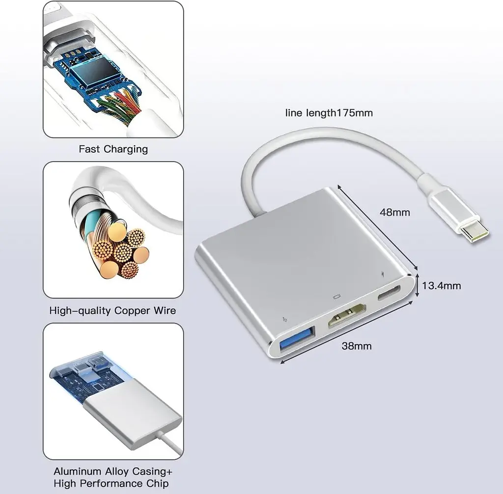 USB Type-C хаб 3в1 з HDMI 4K 60Hz, USB 3.0 та підтримкою зарядки 100W - фото 2