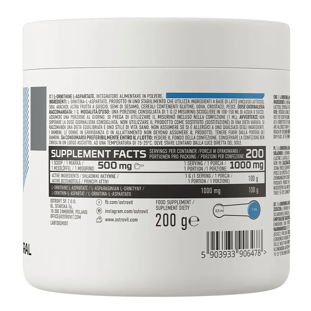 Орнітин та аспартат OstroVit L-Ornithine L-Aspartate, 200 грам для підтримки печінки - фото 2