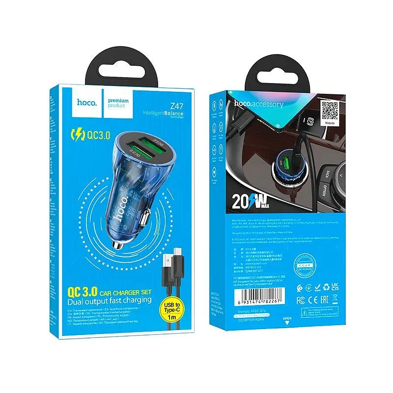 Адаптер автомобильный HOCO Type-C cable Transparent Discovery Edition dual port Z47 2USB, QC, 3A - фото 2