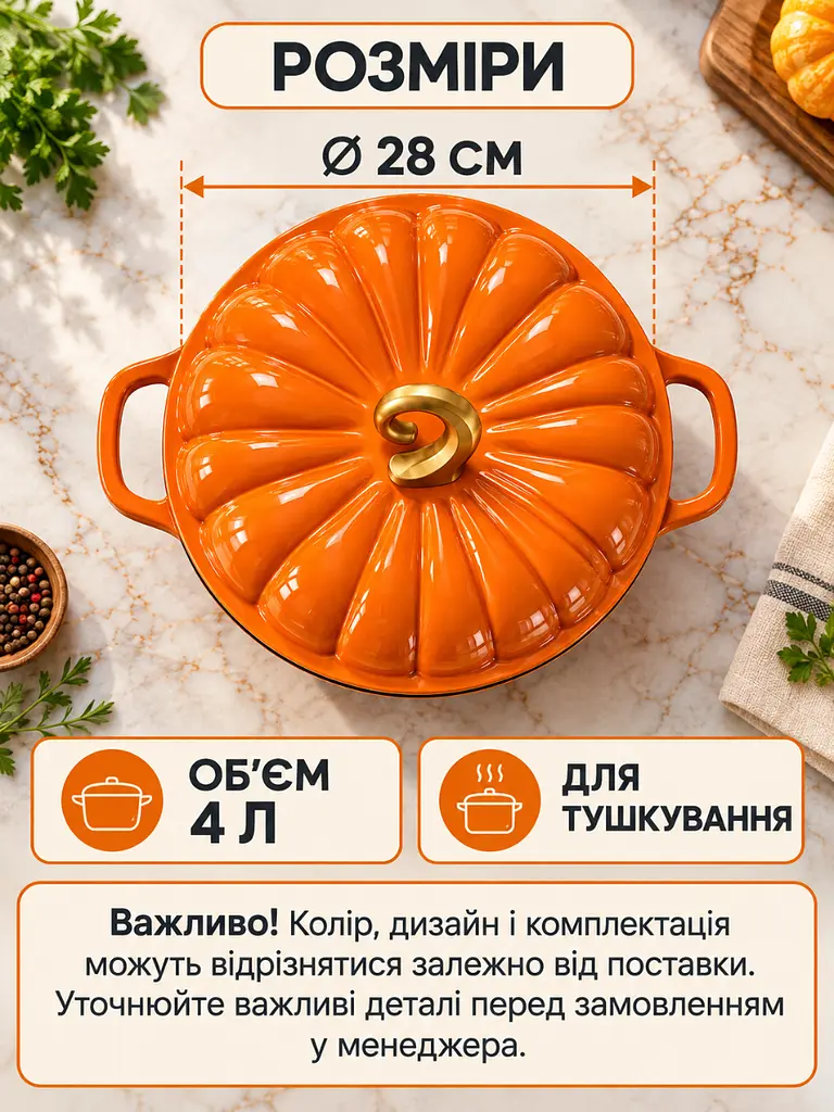 Сотейник з кришкою чавунний емальований 28 см 4 л помаранчевий (37261551) - фото 3