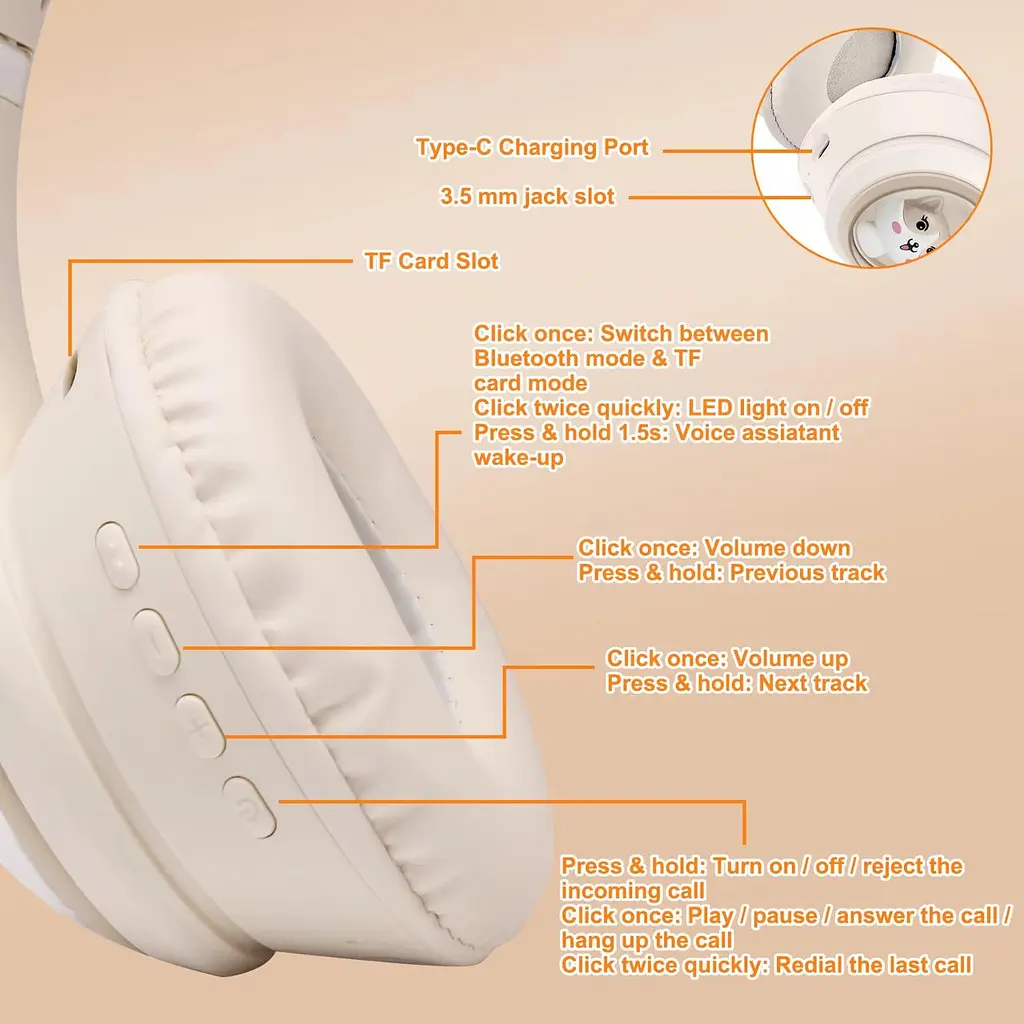 Дитячі бездротові навушники з котячими вушками Onikuma B3 з Bluetooth 5.3, RGB-підсвічуванням, мікрофоном та картою памʼяті microSD до 25 годин роботи рожевий - фото 5
