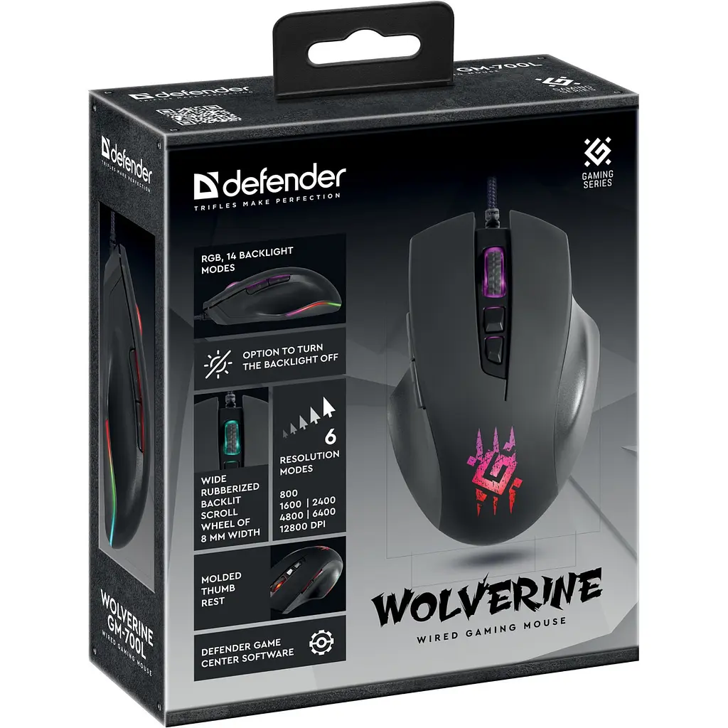 Мишка Defender Wolverine GM-700L ігрова RGB, 7 кн., 12800 dpi, чорна - фото 7