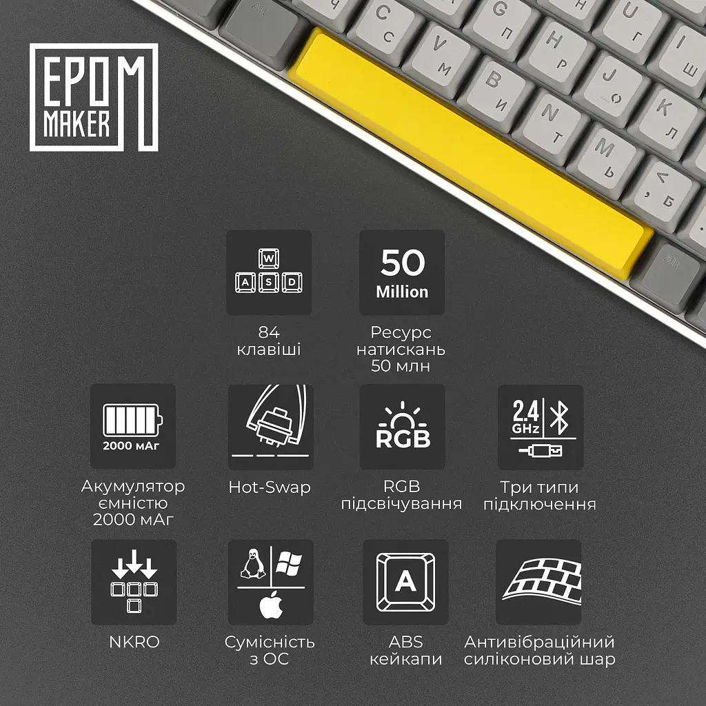 Клавіатура Epomaker EP84 Wisteria Linear White механічна бездротова (EP84-W-WL) - фото 13